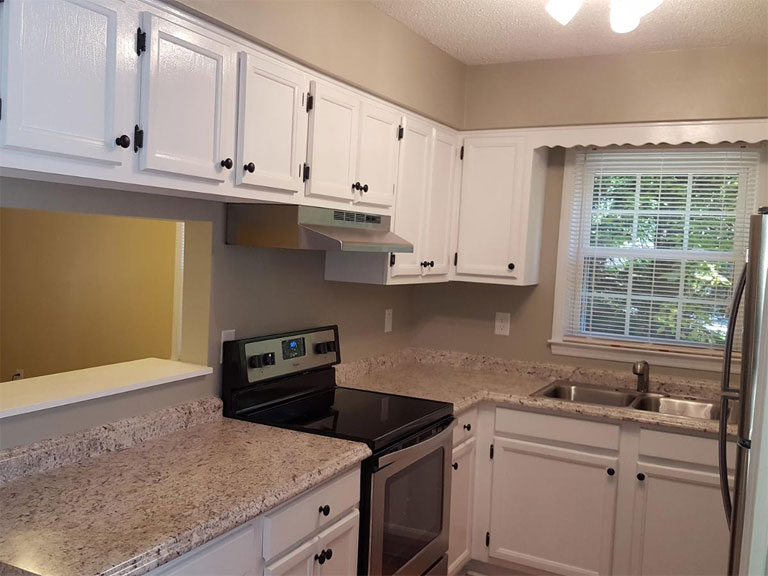New renovated kitchen with granite kitchen cabinet table top